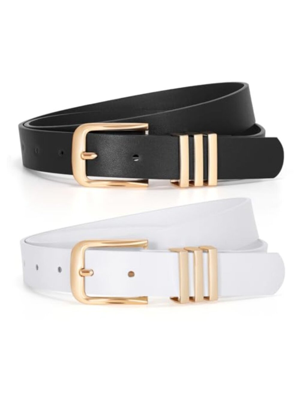 Women's Vegan Leather Belt 2 Pack Gold Buckle Plus Size Waist Belt Jeans